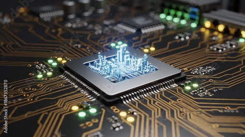 Active Microchip on Circuit Board - Close-up view of a microchip emitting blue light, placed on a circuit board with glowing orange traces and green lights.
