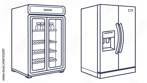 Two distinct refrigerator styles, one a beverage cooler and the other a side-by-side model with dispenser.