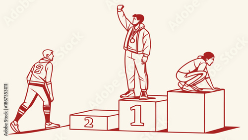 Triumphant athlete celebrates victory on podium, while competitors look on.