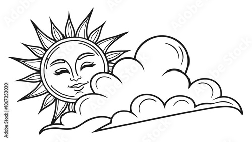 Whimsical sun peeking from behind a fluffy cloud with a serene expression