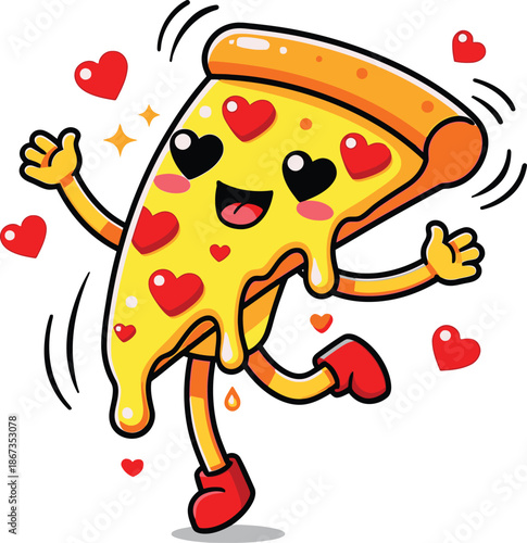 Happy Love Pizza Mascot with Heart Eyes and Playful Pose, Valentine Food Cartoon Vector, full Customizable design. isolated on transparent background