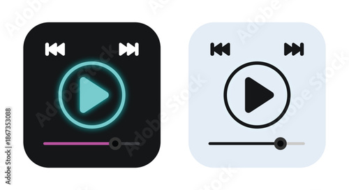 Digital media player icon vector set showing dark neon and light minimalist UI, playback controls, progress bars