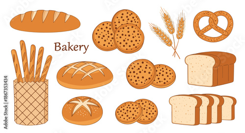 Comprehensive collection of bakery products including bread loaves, baguettes, cookies, pretzels, and fresh wheat stalks.