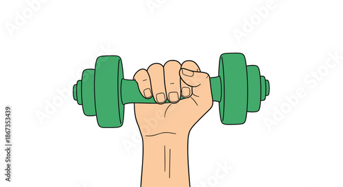 Close-up of a person's hand firmly gripping a green dumbbell for weightlifting or fitness training exercise routines.