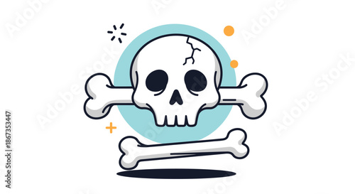 Modern skull and crossbones icon with stylized bones over a turquoise circle background with decorative sparks and dots.