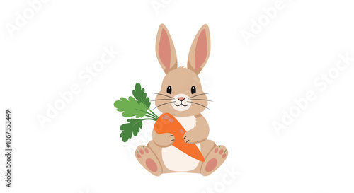 Adorable brown bunny rabbit sitting and clutching a large orange carrot with green leaves against a plain background.