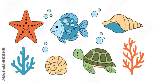 Collection of colorful sea life icons including a starfish, tropical fish, sea shells, a green turtle, and coral branches.