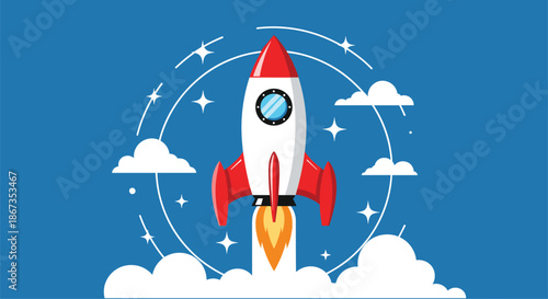 Exciting rocket ship launch scene featuring a red and white rocket flying through a blue sky with clouds and bright stars.