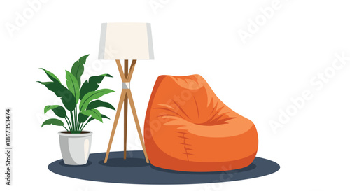Cozy living room corner arrangement with a large orange bean bag chair, a tall tripod lamp, and a green potted plant.