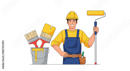 Smiling male painter wearing a yellow hard hat and blue overalls holds a paint roller next to a bucket filled with yellow paint.