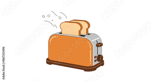 Retro orange toaster with two slices of toasted bread popping out and steam lines indicating a fresh breakfast on a white background.
