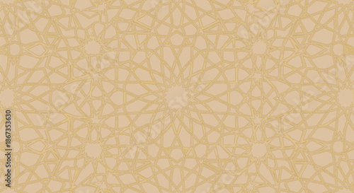 Intricate seamless background texture featuring elaborate beige and gold islamic geometric star pattern reminiscent of traditional arabesque mosaic designs