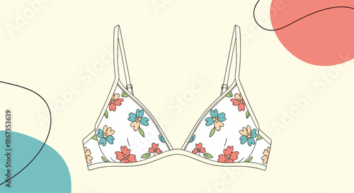 Comfortable white lingerie bra featuring a delicate blue and red floral pattern is displayed against a modern abstract background.