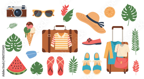 Collection of vacation essentials features suitcases, sunglasses, sun hat, camera, watermelon, and tropical leaves for a summer trip.