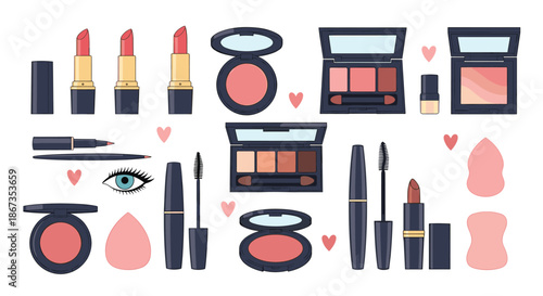 Extensive makeup palette includes eye shadow, lipstick, mascara, blush, and various applicators accented with small pink heart shapes.
