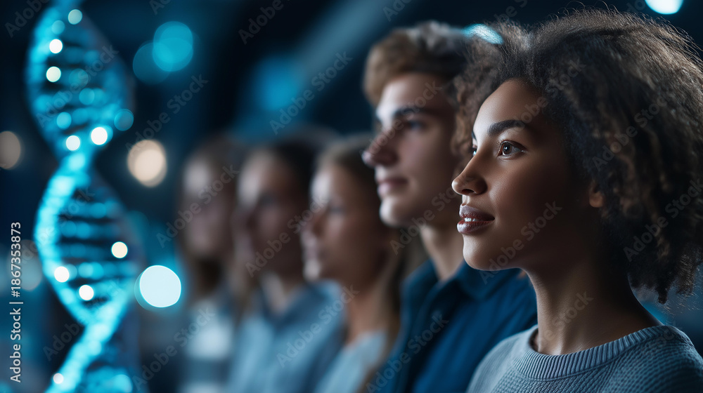 Obraz premium Faceless diverse group of teenagers standing in front of glowing DNA helix, representing genetics science and future innovation, youth in STEM, defocused young people, with copy space