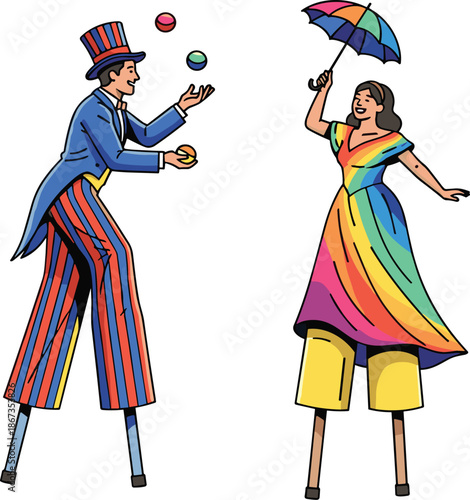 Colorful street performers on stilts entertaining crowd with juggling and rainbow umbrella, vibrant carnival festival celebration fun and joy