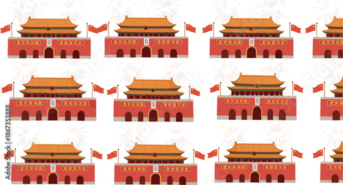 Vector Illustration Set of Tiananmen Square and Forbidden City with Chinese Flags