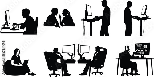 Computer silhouettes, office workers, teamwork, remote work, collaboration, technology, workspace, digital, business, productivity