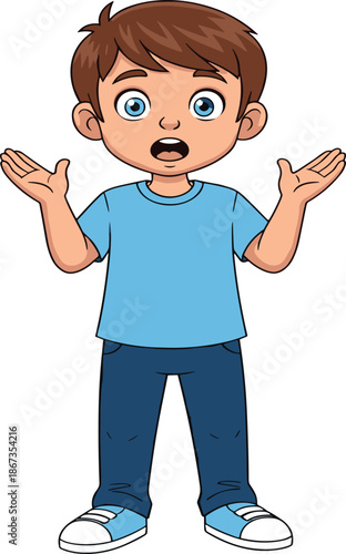 Confused cartoon boy, expressive child illustration, surprised gesture, raised hands, open mouth, blue outfit, white sneakers, emotional reaction, character pose, isolated background