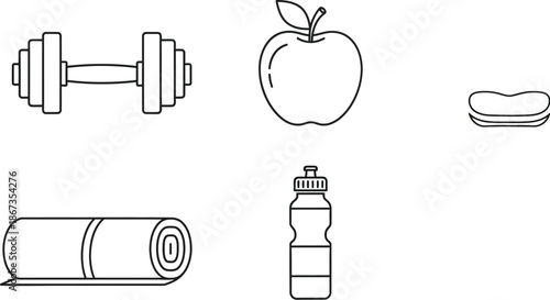 Collection of black line art icons representing essential components for achieving a healthy lifestyle including exercise equipment and nutritious food items