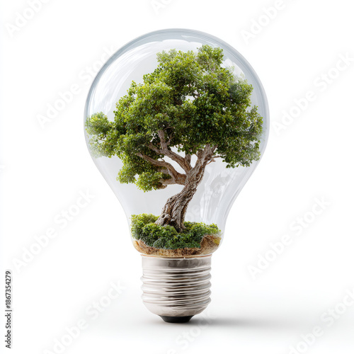 Green tree inside light bulb symbolizes eco friendly energy