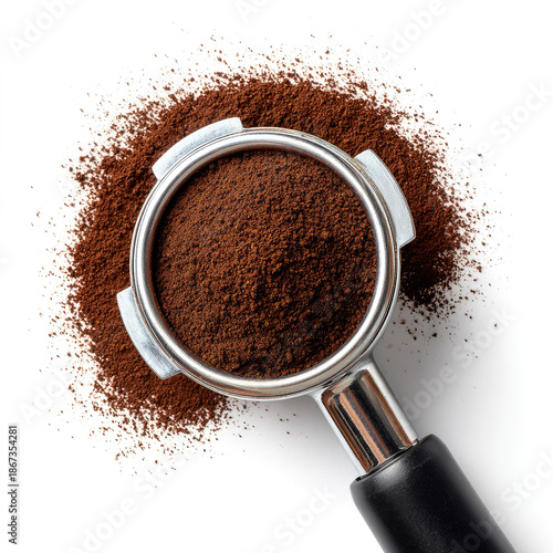 Freshly ground coffee powder stainless steel portafilter white