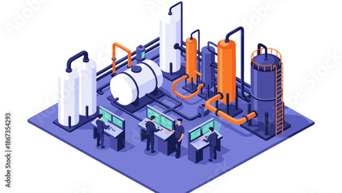 Modern Industrial Facility Vector Illustration with Control Room Operators Monitoring Systems