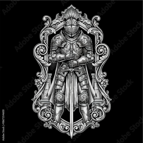 Detailed Medieval Knight Illustration in Ornate Frame