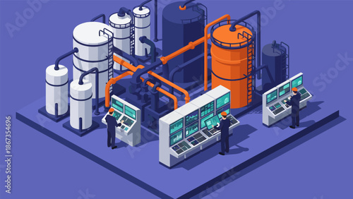 Isometric Vector Illustration of an Industrial Plant Control Room and Processing Equipment