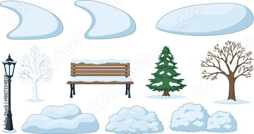 Vector Illustration Set of Winter Park Landscape Elements and Snow Drifts