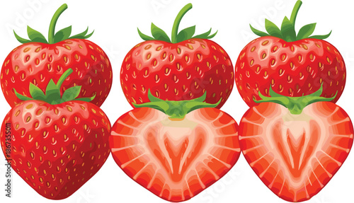 Fresh organic strawberry collection featuring whole red berries and sliced halves with green leaves, high quality vector illustration for healthy food packaging, nutrition and summer dessert menu desi