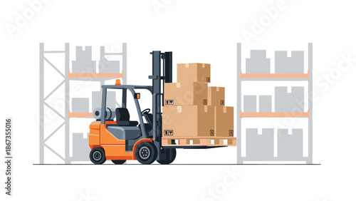 An orange forklift truck lifts a pallet stacked with cardboard boxes within a warehouse setting with shelves on either side.