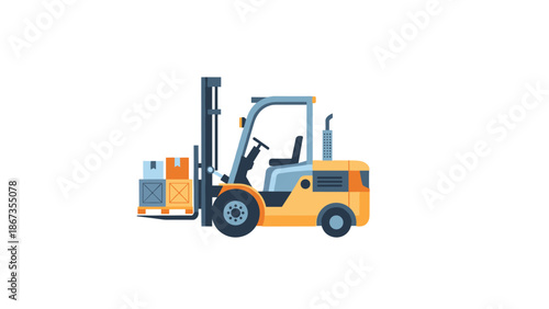 A yellow forklift truck isolated on a white background, carrying a small pallet with a few boxes, ready for transport.