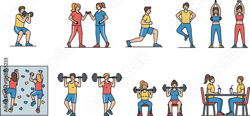Vector Set of People Exercising, Weightlifting, Rock Climbing, and Healthy Dining