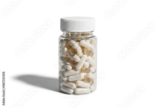 Small clear plastic bottle filled with light colored capsules isolated on white background