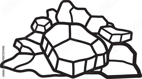 Black and white illustration of rocky terrain landscape