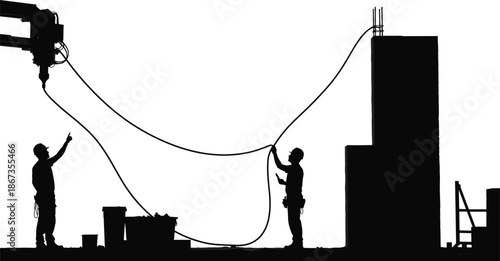 Construction workers with hose and nozzle, concrete pouring, industrial labor, occupational safety, infrastructure teamwork, silhouettes, vector illustration