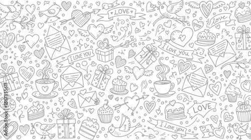 A delightful black and white doodle pattern of love themed illustrations