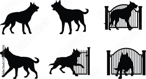 Dog silhouettes vector illustration with pets standing, walking, sitting near gates, animal training, security design, domestic pet behavior artwork
