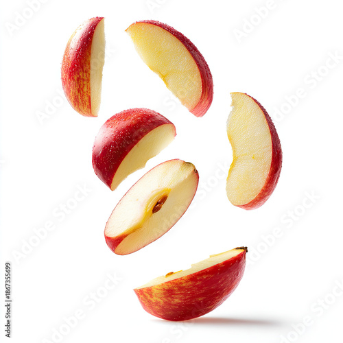 Red apple slices floating on white background
