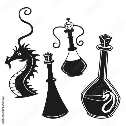 Fantasy potions and dragon illustration