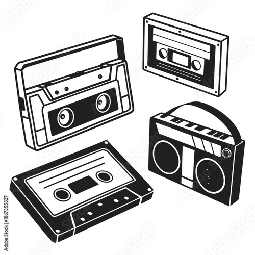 Vintage cassette tapes and boombox illustration