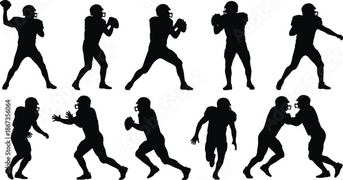 American football player silhouette collection, quarterback passing, running and tackling action poses isolated black vector illustration set for sports design