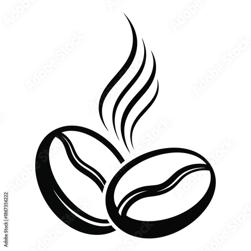 A simple black and white illustration of coffee beans and rising steam