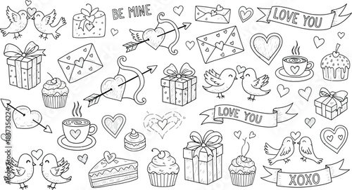 Charming valentine s day doodles hearts birds gifts and love notes collection