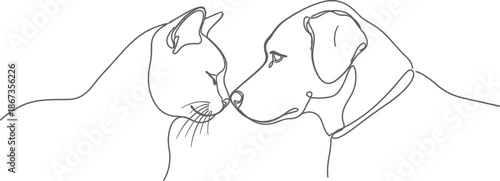 Minimalist continuous line art drawing depicts a close and affectionate moment between a dog and a cat touching noses gently.
