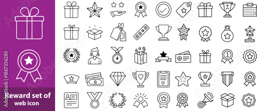 Reward set of web icons in line style. A collection of linear icons representing various reward concepts, including gift, trophy, recognition, reward program, medal, bonus, and more. Editable stroke.