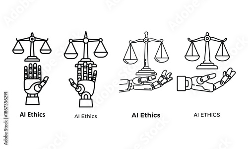 Ai ethics icons: robot hands balancing justice scales