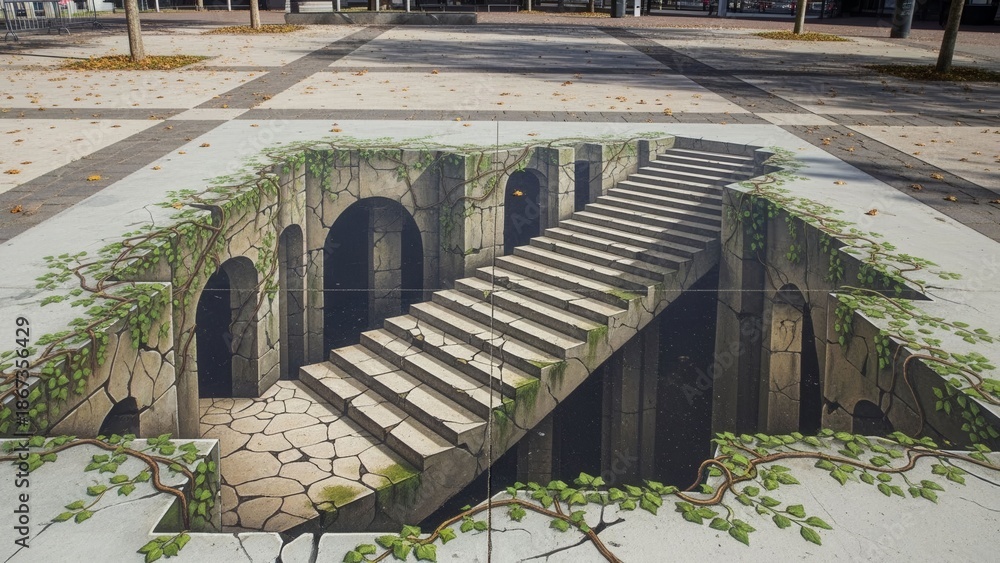 Fototapeta premium 3D Street Art Staircase Illusion Descending into Stone Arches and Overgrown Vines